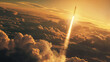 A stunning image capturing the ascent of a rocket cutting through the twilight sky among beautiful clouds