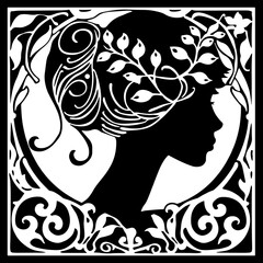 Wall Mural - Elegant art nouveau illustration featuring a lady admiring a plant, perfect for creative design themes