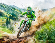 A rider in green gear is on a dirt bike, kicking up dust on a trail, showcasing speed and skill