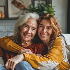 Sticker - Cheerful senior mother and daughter woman sitting on home couch close together, looking at camera, smiling for portrait. Happy mature mom hugging adult kid, laughing, enjoying family leisure