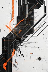 Canvas Print - schematic computer circuit board illustration in black and white and some orange graphic elements