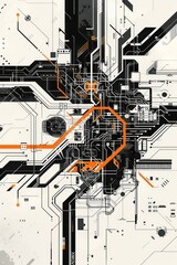 Poster - schematic computer circuit board illustration in black and white and some orange graphic elements