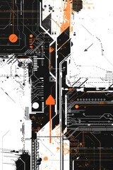 Poster - schematic computer circuit board illustration in black and white and some orange graphic elements