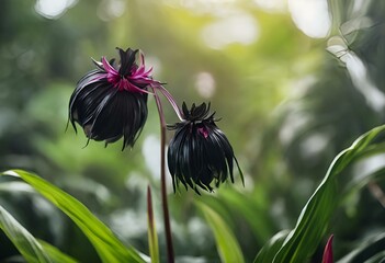 Sticker - two black and pink flowers that are on top of grass