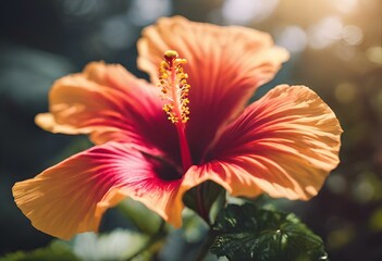 Poster - AI generated illustration of vibrant pink and yellow hibiscus flower with lush green foliage