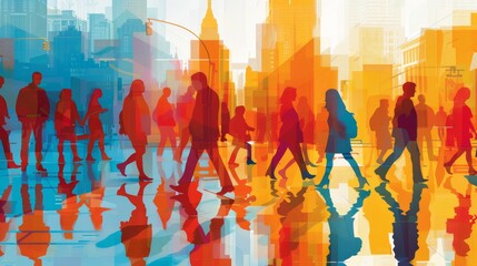 An illustration of people walking on a city street with reflections.