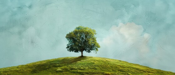 Wall Mural - landscape illustration banner background with a solitary tree on a hill, idyllic scenery with soft warm tones