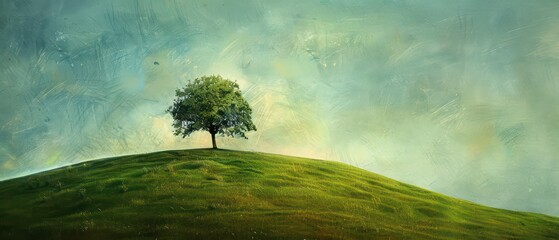 landscape illustration banner background with a solitary tree on a hill, idyllic scenery with soft warm tones