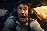 Fototapeta  - Portrait of a panicked pilot wearing headphones in the cockpit of a falling jet plane