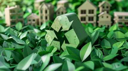 Wall Mural - Representation of a recycling symbol surrounded by buildings and green leaves, symbolizing the concept of saving the planet and energy. Presented as a paper illustration and in 3D format.