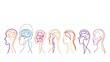 © Pascal - Continuous line drawing mental disorder vector icons, abstract concepts of various psychic health problems one line technique, human heads sketches showing personality disorders or mental illnesses