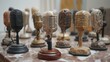 Several retro microphones made of wood and marble.