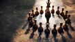 Chess pawn standing together, arranged in a circle joining the power, casting a crown shaped shadow. Business group leadership and team working concept. Belief in success