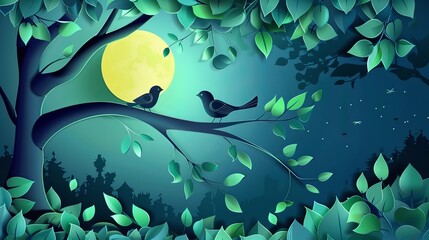 Wall Mural - Vector art and illustration of a bird carved from paper, perched on a tree branch in a nighttime forest, capturing an origami-inspired concept of nature.