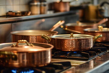 Wall Mural - A set of copper-bottomed pans heating on a stove, their excellent heat conductivity making them ideal for gourmet cooking 