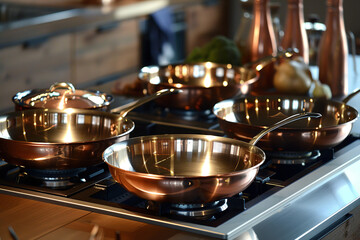 Wall Mural - A set of copper-bottomed pans heating on a stove, their excellent heat conductivity making them ideal for gourmet cooking 
