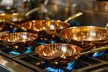 Wall Mural - A set of copper-bottomed pans heating on a stove, their excellent heat conductivity making them ideal for gourmet cooking 