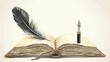 Vector illustration showcasing an open book accompanied by an ink feather tool.
