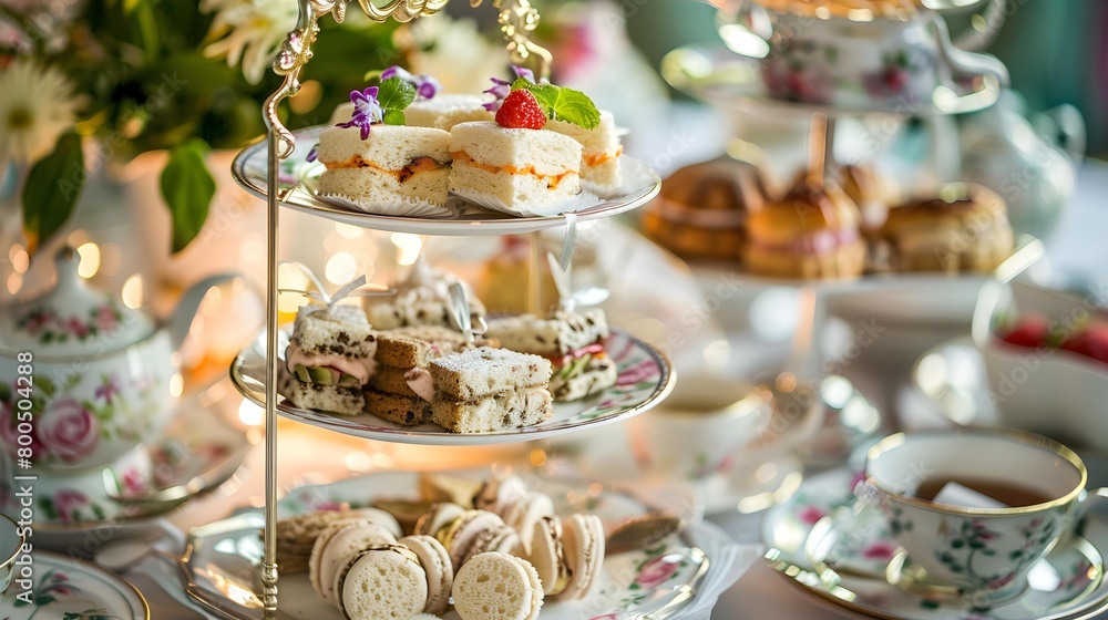 British Afternoon High Tea with a three-tiered platter of scones, cakes and sandwiches