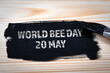World Bee Day 20 May. Black paint and paint brush on wood texture background