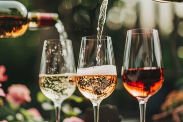 Wall Mural - White wine being poured into a glass next to a glass of rose and red wine