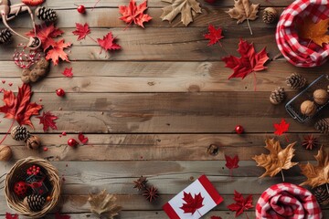 Canada Day celebration with maple leaves, Canadian flag, and traditional foods on a rustic wooden background