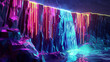 A neon waterfall, cascading down low poly cliffs, its luminous water streams representing the continuous flow of information.