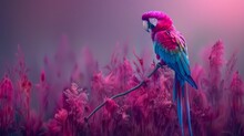   A Vibrant Parrot Perches On A Branch Amidst A Field Of Pink Flowers Behind, A Purple Sky Stretches Out As The Backdrop