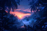 A dark and mysterious night tropical jungle background with lush vegetation and wildlife. Suitable for travel and adventure-related designs.
