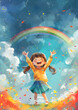 © Oleksandra - A young girl joyfully stands before a vibrant rainbow, surrounded by the beauty of nature. Her arms are raised in happy celebration of the colorful world around her