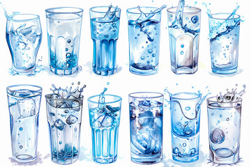 Set of water splashes in glass isolated on white background. Vector illustration.