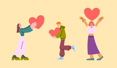 Poster - Cartoon Color Characters People Share Love Support Concept Flat Design Style. Vector illustration of Person Giving Heart