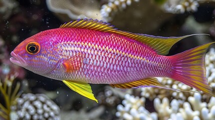 Wall Mural -   A tight shot of a rosy fish against a backdrop of various corals, with coral-studded depths in the foreground and water surrounding them