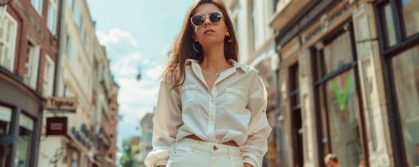 Wall Mural - Portrait of woman with glasses and white pants in the street