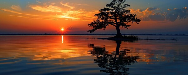 Cypress Tree Silhouette at Sunset