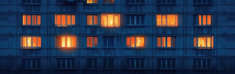 A multi-story building with numerous windows brightly lit up during the night, showcasing urban activity and vibrant city life