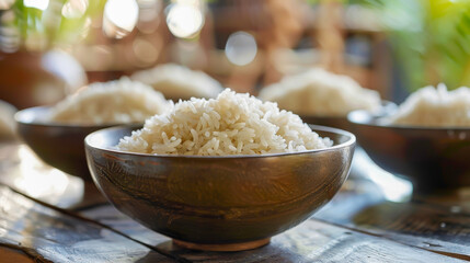 Wall Mural - A bowl of white rice is sitting on a wooden table