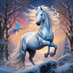 Poster - AI generated illustration of a white unicorn with flowing mane in snowy landscape