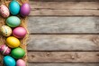  colorful eggs in nest on old wood background with copy space. violet and pink eggs
