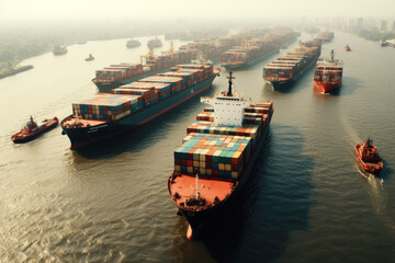 generated illustration of container ship loaded carrying shipping containers in the sea