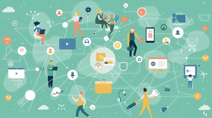 illustration of a digital ecosystem, simple and colorful design