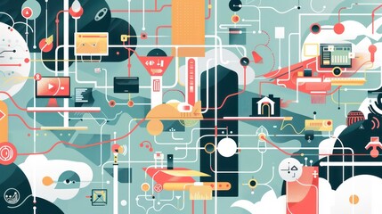 Wall Mural - illustration of a digital ecosystem, simple and colorful design