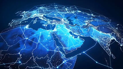 Abstract digital map of the Middle East, concept of  global network and connectivity, data transfer and cyber technology, information exchange and telecommunication	
