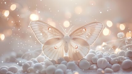   A large white butterfly perches atop a mound of white balls nestled upon a bed of similar ones