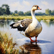 White goose cute animal oil painting. Funny birds on nature background.