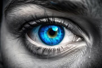 A close up of a person's eye with a blue iris