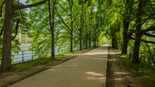 Tranquil Riverside Walking Path Lined With Lush Green Trees On A Sunny Spring Day, Ideal For Earth Day Themes And Outdoor Leisure Concepts