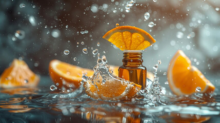 Wall Mural - bottle with citrus essential oil and fresh ripe oranges on table