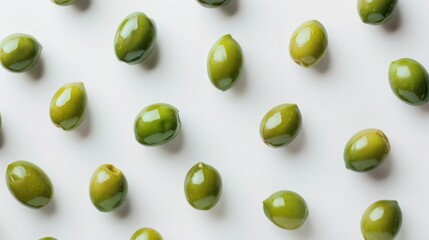 Wall Mural - green olives wallpaper scattered on a white background 