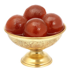 Gulab Jamun in a golden dessert bowl isolated on transparent background Remove png, Clipping Path, pen tool